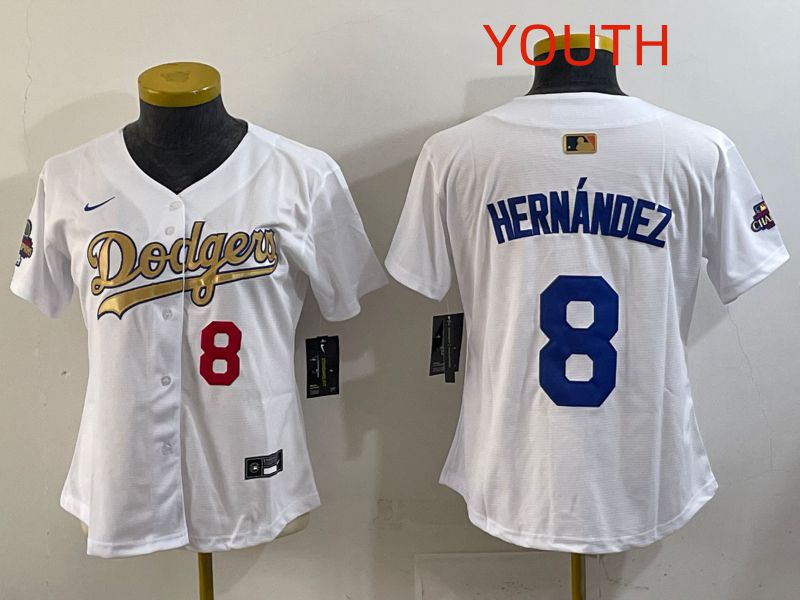 Youth Los Angeles Dodgers #8 Hernandez White Champion edition Nike MLB Jersey style 003